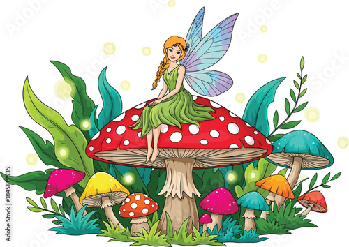 Fantasy fairy sitting on mushroom, magical forest scene, colorful fungi, glowing orbs, enchanted nature, whimsical vector art, children’s storybook illustration