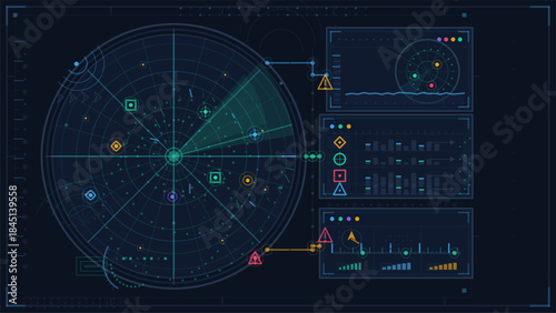 Futuristic Radar HUD Interface with Target Tracking Dashboard