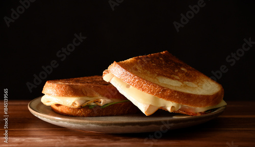 Turkey panini on a plate with bacon, arugula and Swiss cheese