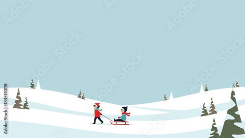 Joyful children sledding down a snowy hill, a vibrant vector illustration capturing the pure essence of winter outdoor fun and childhood adventure