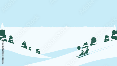 Winter landscape with snow-covered trees and a sled on a snowy hill