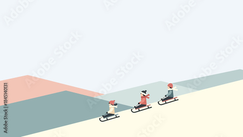 Joyful winter sledding adventure with three friends racing down a snowy hill, captured in a clean, modern vector illustration style (65).eps