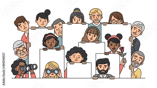 Diverse Group of People Peeking Behind White Boards and Holding Objects