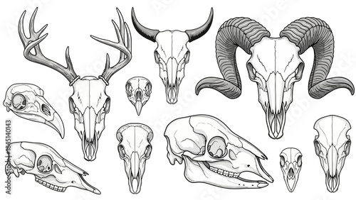 Collection of Animal Skulls Vector Illustration: Deer, Ram, Bull, and Bird Skulls