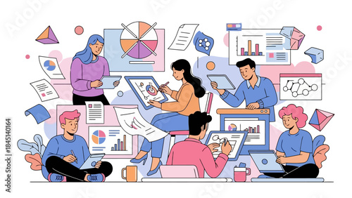 Diverse Team Collaborating on Data Analysis and Project Management in