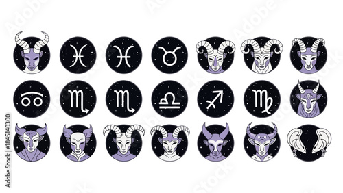 Set of Twelve Zodiac Symbols and Astrological Signs with Constellations