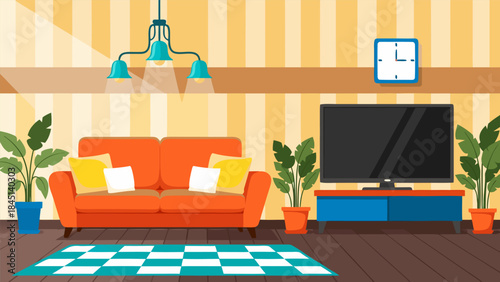 A cozy living room scene featuring a vibrant orange sofa, a large television, potted plants, and a checkered rug.