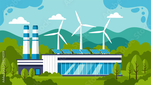 A modern industrial building with solar panels and wind turbines, representing renewable energy and sustainable power generation.