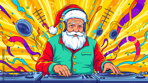Santa Claus DJing with Headphones and Turntables, Surrounded by Colorful Wavy Decorations and Musical Notes.