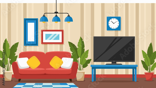 A cozy living room scene featuring a red sofa, a television, plants, and wall art.