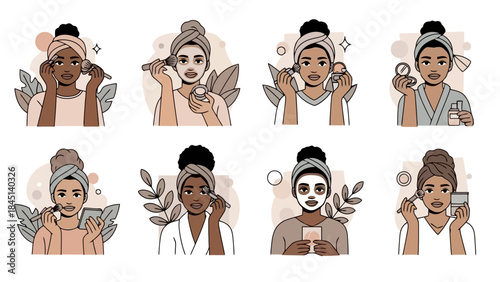 Diverse Women Applying Makeup and Skincare Routine Illustrations in Flat Style