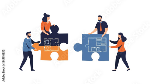 Teamwork and Collaboration in Business Project Planning with Puzzle Pieces