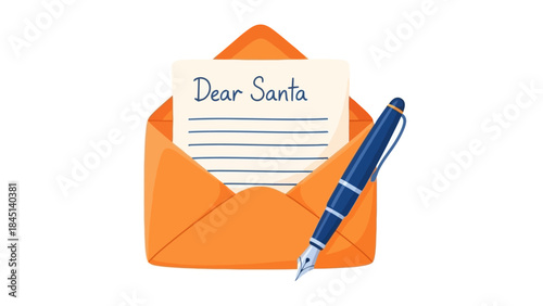 Handwritten Letter to Santa Claus with Pen and Open Envelope, Christmas Concept