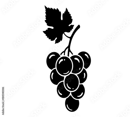 A simple black and white illustration of a bunch of grapes with a leaf