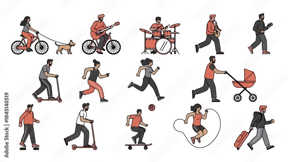 Fototapeta premium Diverse People Enjoying Outdoor Activities and Hobbies in a Flat Vector Style