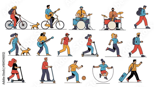 Diverse People Enjoying Outdoor Activities and Music in Flat Vector Style
