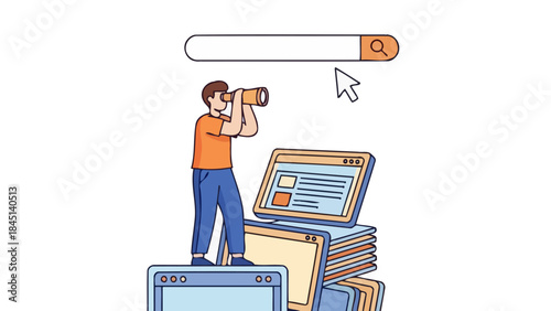 Man with Telescope Searching on Browser Bar above Stack of Computer Screens
