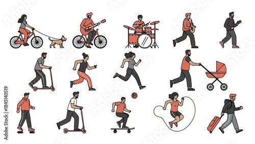 Diverse People Enjoying Outdoor Activities and Hobbies in a Flat Vector Style