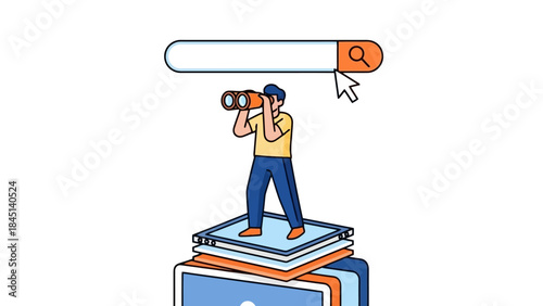 Man with Binoculars Searching on Laptop with Search Bar Above, Illustrating Online Research