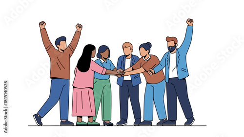 Diverse team celebrates success, joining hands in unity and teamwork