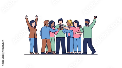 Diverse group of people celebrating success with hands in the middle