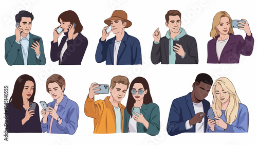 Diverse People Using Smartphones for Communication and Selfies, Vector Illustration