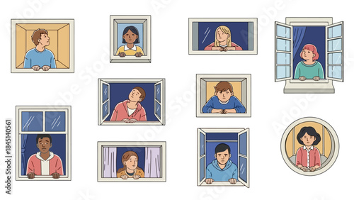 Diverse people looking out of, quarantine, isolation, community, connection concept