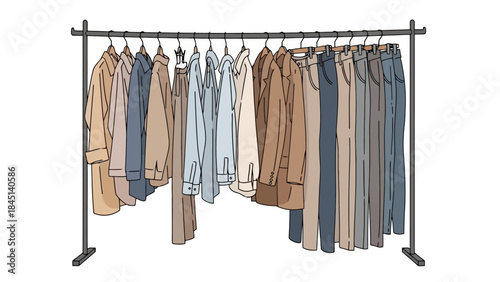 Wardrobe on a Clothes Rack with Assorted Hanging Outfits and Pants