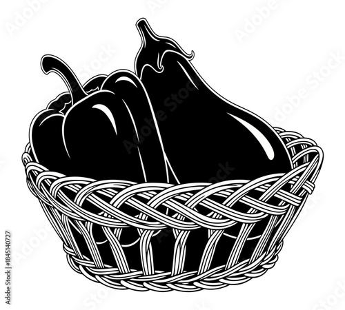 A detailed illustration of dark purple eggplants neatly arranged inside a woven basket