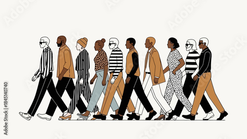 Diverse group of stylish people walking in a against a neutral background