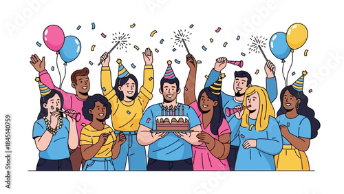 Joyful Birthday Celebration with Friends and Family Holding Cake and Sparklers