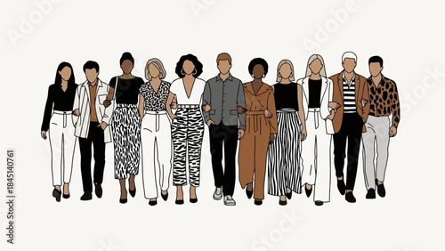 Diverse Group of Stylish People Walking Together in a