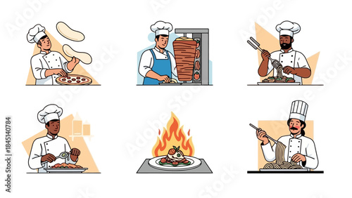 Diverse Chefs Crafting Delicious Dishes: Pizza, Shawarma, Pasta, and Noodles