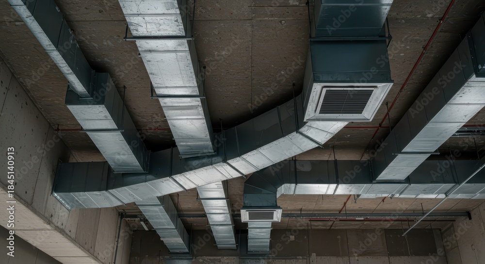 Obraz premium Complex network of ventilation ducts forming a robust framework beneath the ceiling of a modern industrial construction site, maintenance, symmetry, exposed
