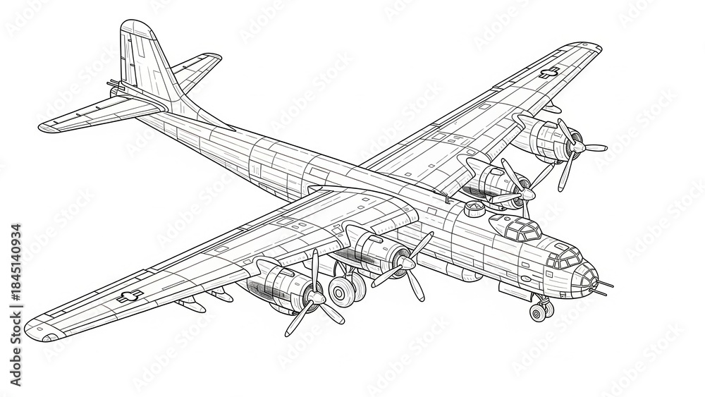Fototapeta premium Outline Illustration of a Large Aircraft on White Background