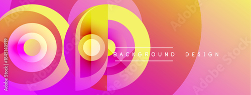 Abstract colorful layers create dynamic gradient background. Pink, purple, yellow hues blend smoothly, forming circular patterns. Modern design element.