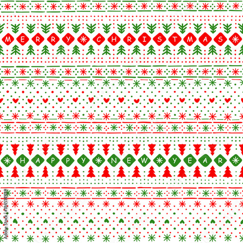 merry christmas. happy new year. winter hand drawn repetitive background. red, green, white christmas ornament. vector seamless pattern. fabric swatch. wrapping paper. textile template. greeting card