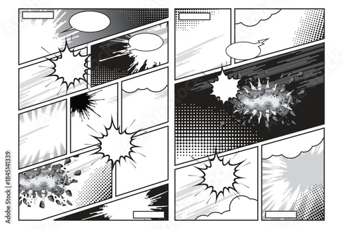 Black and white comic page with dynamic panels, speech bubbles, halftone textures, speed lines, and explosion effects. Vector illustration suitable for manga, comic books, storytelling and posters