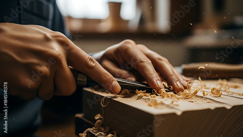 Close-up of a woodworker's hands using a sharp chisel to carve intricate details into a wooden piece, producing fine shavings and showcasing the art of traditional craftsmanship