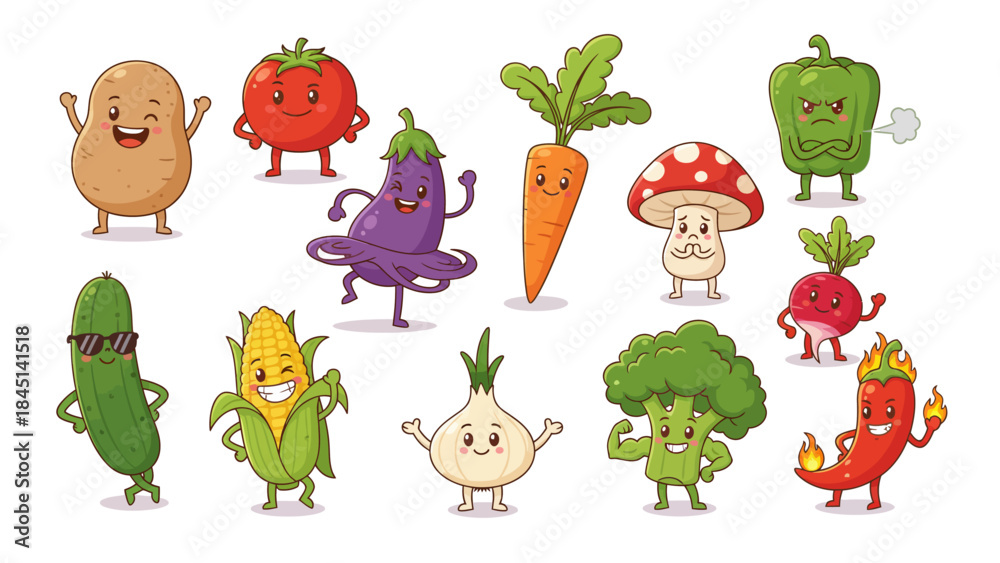 Obraz premium A collection of cute cartoon vegetables and a mushroom with funny faces and expressions on a white background, perfect for kids' designs.