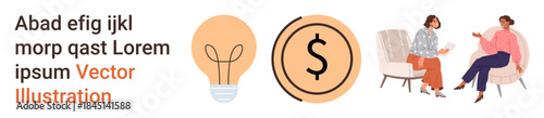 Business management, financial planning, personal consultation, teamwork, creative ideas, interpersonal communication. Dollar symbol and lightbulb icon, two people in discussion. Business management