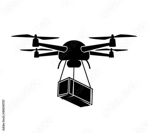 Black silhouette of a delivery drone carrying a package shown against a white background