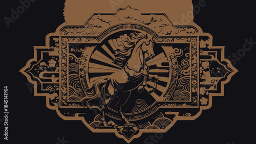 Rearing Horse Illustration, Stylized in Ornate Japanese Frame with Sunburst