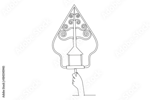Hand holding a wayang gunungan fan. Javanese concept one-line drawing