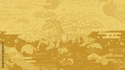 Golden Mythical Horse Flying Through Clouds in Traditional Asian Landscape Illustration