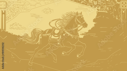 Golden Galloping Horse Vector Art in Stylized Landscape