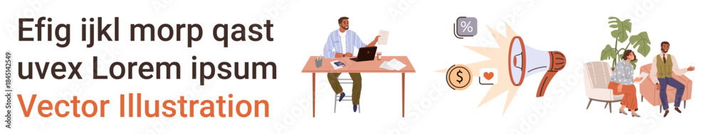 Obraz premium Digital workspace, teamwork, financial concepts, communication, productivity, modern business solutions. Man working on laptop at desk, conceptual icons and two people discussing. Digital workspace