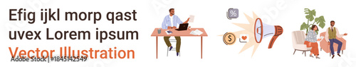Digital workspace, teamwork, financial concepts, communication, productivity, modern business solutions. Man working on laptop at desk, conceptual icons and two people discussing. Digital workspace