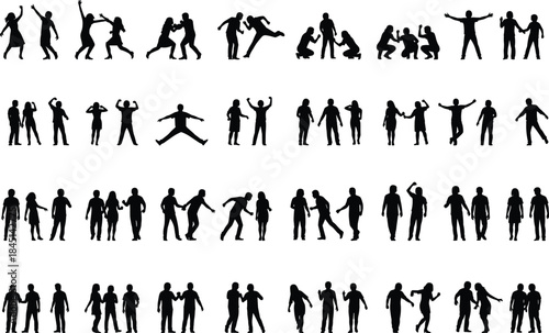 Vector set of dynamic people silhouettes, men and women jumping, celebrating, and standing in pairs and groups, with shadows, isolated on white background for design.
