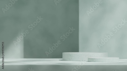 looping seamless shadow animation with abstract paint green wall, 3d video rendering empty space of green terrazzo texture podium